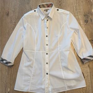 Burberry Brit White Shirt with Red and Tan Plaid 3/4 Sleeves